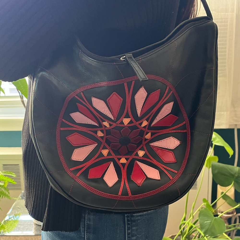 Leather Crescent Shoulder Bag - Black, red and pink spiral floral detail